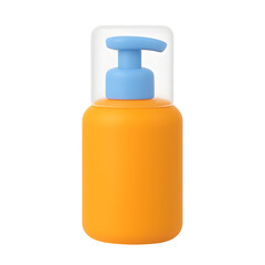 3D orange plastic pump bottle icon with blue dispenser and transparent cap, hygiene and cosmetic container concept, isolated on transparent background