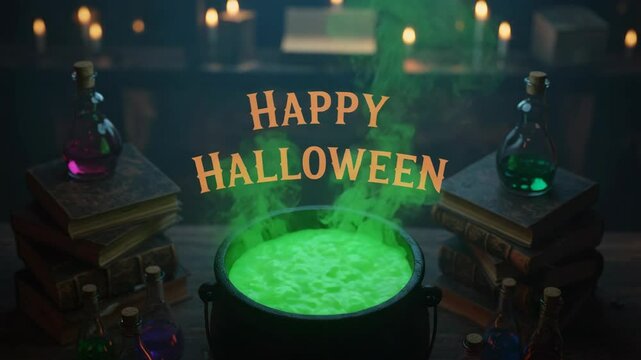 Happy Halloween cauldron with green potion bubbling for trick or treat is here. Happy Halloween setup includes potion bottles, old books, and candle lights to set spooky mood.