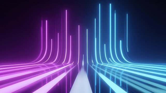Abstract neon light pathways converging in a dark space, creating a futuristic atmosphere