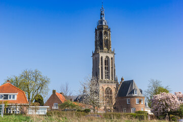 Houses and tower of the historic Cunerakerk church in Rhenen, Netherlands
