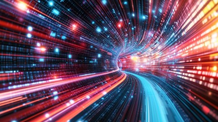 Abstract dynamic light trails create a vibrant digital tunnel effect for fast communications and digital concept
