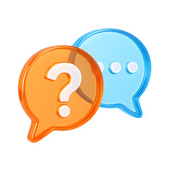3D question and chat bubble icon with orange and blue translucent symbols, isolated on transparent background