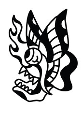 Abstract demonic butterfly head with flames, edgy line art