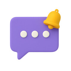 3D purple speech bubble icon with white dots and yellow notification bell isolated on transparent background