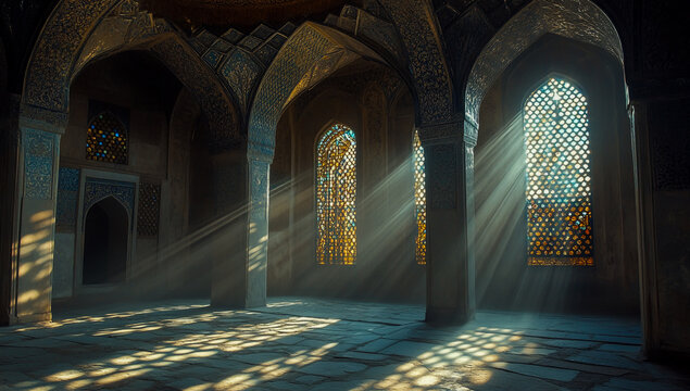A high-resolution image of the interior of a historic ancient mosque, with sunlight streaming through ornate, geometric window designs and intricate shadows falling on the eroded stone floor. - Powered by Adobe