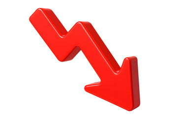 3D red downward arrow icon with sharp zigzag shape showing decline, isolated on transparent background