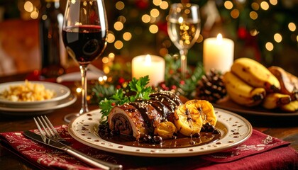 Upscale Mexican Mole Presentation Featuring Chicken Roulade, Artistic Mole Swirl, and Roasted Plantain Chips on Elegant Plate
