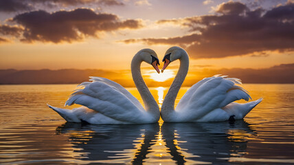 Two Swans Making Heart Sunset