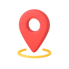 3D red location pin icon floating above yellow circular ring, navigation and map pointer symbol, isolated on transparent background