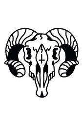 Ram skull with inverted cross, a dark gothic line art illustration