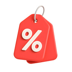 3D red discount price tag icon with white percentage symbol and silver ring isolated on transparent background