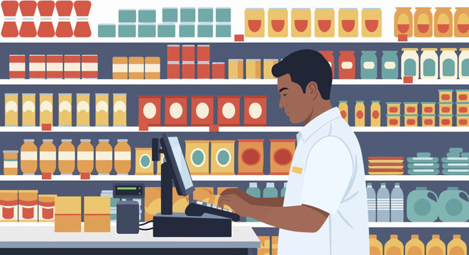 Grocery Store Cashier Working Behind Shelves Full of Food Products.