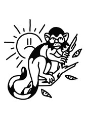 Monkey on branch cutting leaves, with a sad sun illustration