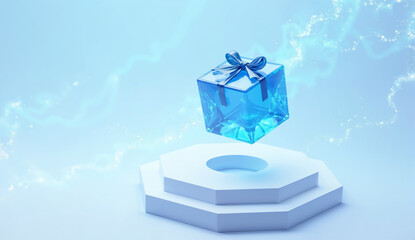 A glowing blue gift box with a ribbon, placed on a hexagonal pedestal against a soft blue background with light effects.