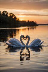 Two Swans Making Heart Sunset