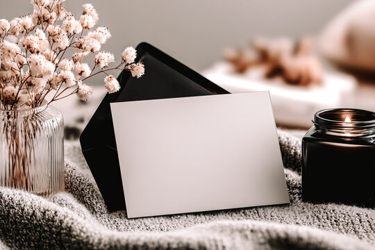 Carte et enveloppe noire, faire part de c&eacute;r&eacute;monie