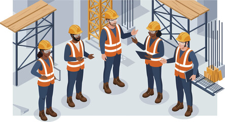 Isometric Construction Crew Diverse Workers in Hard Hats and Safety Vests.