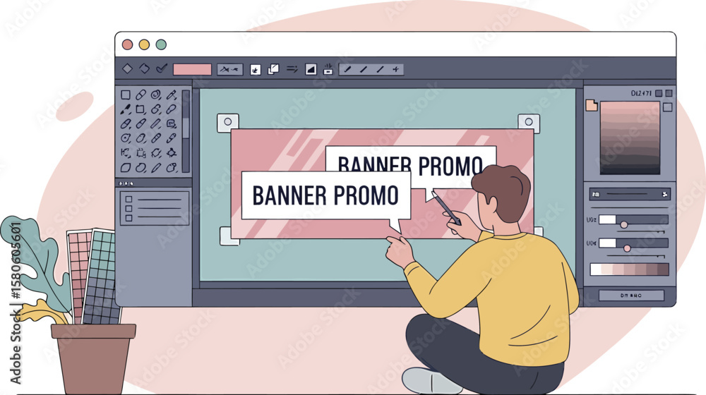 Fototapete graphic designer creating banner promo on digital design software interface.
