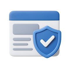 3D secure website icon with blue shield and white check mark, online protection and verification concept, isolated on transparent background