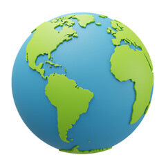 3 D Earth globe with green continents and blue oceans isolated on a transparent background