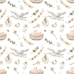 Seamless baby Pattern with watercolor Baby elements like stork, pacifier, bottle, toys, bunting, and infant in crib in pastel colors. Illustration of background for baby textile or nursery wallpaper
