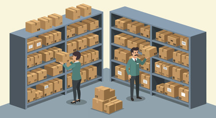Isometric warehouse scene with workers stocking shelves full of cardboard boxes. © earth