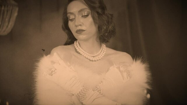 film sepia color. hollywood cinema actress portrait close-up face glamor Retro lady sexy woman fashion model, big eyes lips make-up old roar style 20s 30s years. beauty girl wavy curls black hair