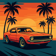 Retro Sunset Drive – Vintage Muscle Car with Tropical Vibes