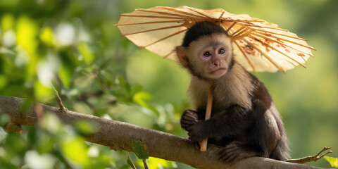 Happy baby capuchin monkey with umbrella on the branch.