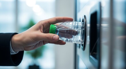 Hand inserting clear plastic water bottle with green cap into recycling machine slot image