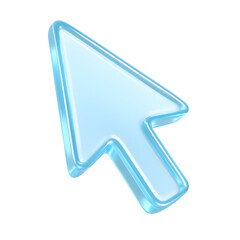 3D translucent blue cursor arrow icon with glossy glass effect, isolated on transparent background