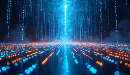 Obraz premium Digital Data Stream with Blue and Orange Lights in a Futuristic Setting