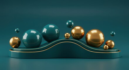 Teal and gold spheres arranged on a teal platform with gold trim rendering