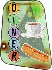 retro american diner sign with hot dog, fast food vintage sign concept, worn and weathered, vector eps illustration.