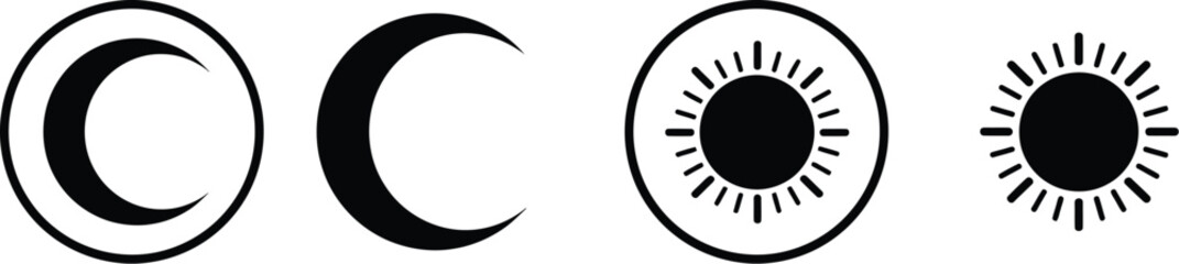 Moon and Sun Icon Set – 4 Celestial Symbols with Crescents and Radiant Suns for Spiritual, Day-Night, or Astrology Design
