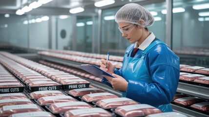 Meat processing. Quality Control Inspector Monitoring Meat Products in Food Processing Facility with Packaging and Safety Gear