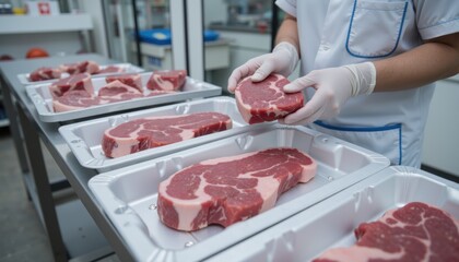 Meat processing. Freshly Cut Steak in Processing Facility with Workers Preparing Meat for Packaging and Distribution