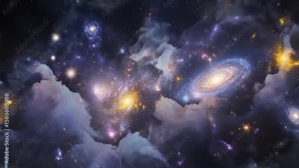 Poster deep space nebula exploration visuals featuring galaxies and celestial clouds