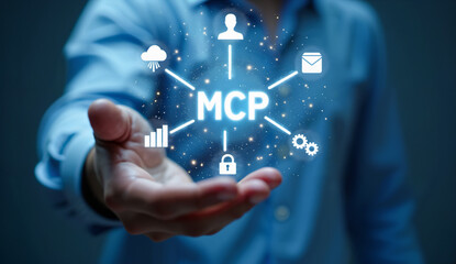 Person presenting a digital concept with 'MCP' and various icons, symbolizing technology and connectivity.