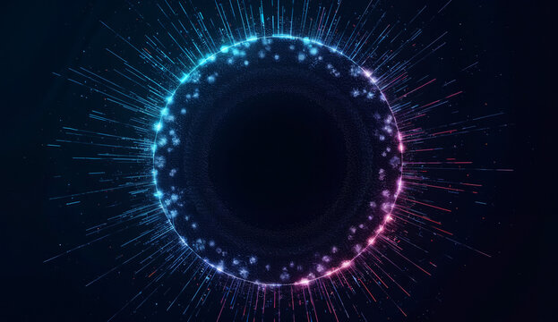 Circular digital pattern with radiating light effects on a dark background