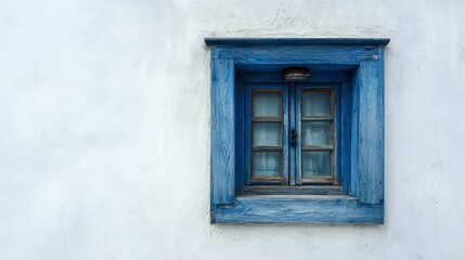 Charming blue window with wooden shutters against a white wall, showcasing traditional architectural style.