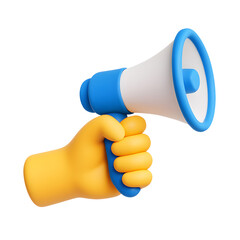 3D yellow hand holding blue and white megaphone icon for announcement or communication isolated on transparent background