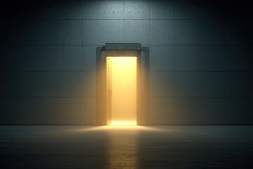 A dimly lit room with a door; light emanates from within