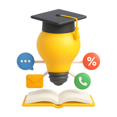 3D yellow lightbulb icon with graduation cap and education symbols on open book, concept of learning and communication, isolated on transparent background