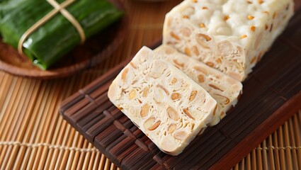 Freshly Sliced Tempeh Block on Wooden Board with Wrapped Package Close Up