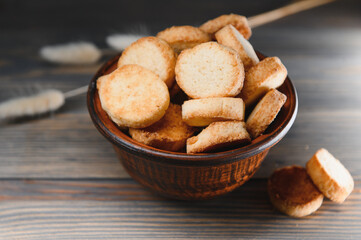 Fresh pastries. Delicious cookies on a wooden background