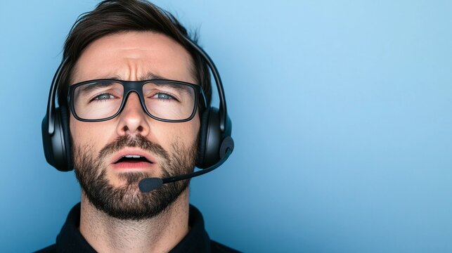 A customer service agent engaging with online reviews, with a headset and focused expression against a blue background with copy space symbolizing responsiveness to feedback