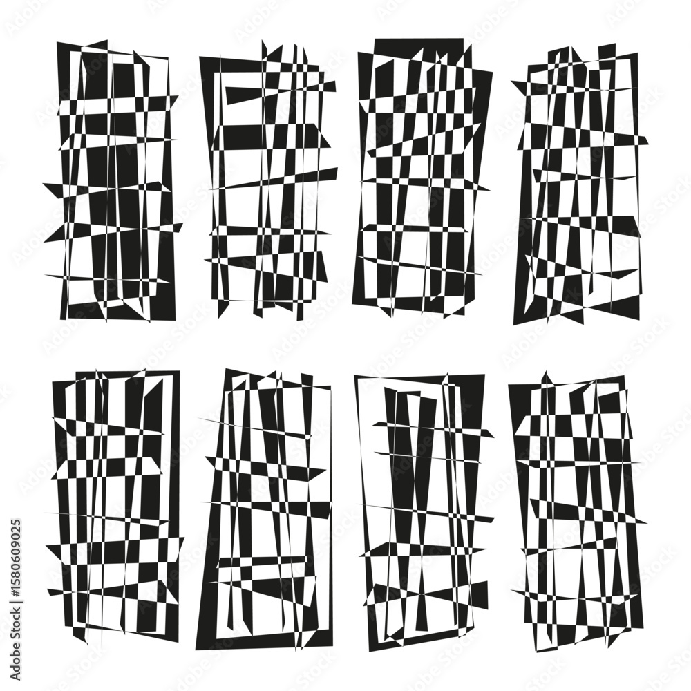 Poster abstract rectangular shapes. distorted grid patterns. geometric striped forms. vector grunge element