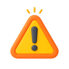 3D yellow warning triangle icon with black exclamation mark and orange border, alert and caution concept, isolated on transparent background