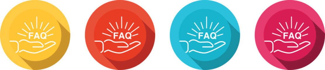 Set of four colorful circular faq icons with a hand and radiating lines isolated on transparent background